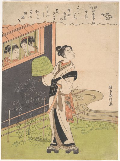 Ein flötenspielender Mönch (Komusō); Der vierte Monat (Uzuki), aus der Serie Modische unsterbliche Dichter der vier Jahreszeiten (Fūzoku shiki kasen) von Suzuki Harunobu