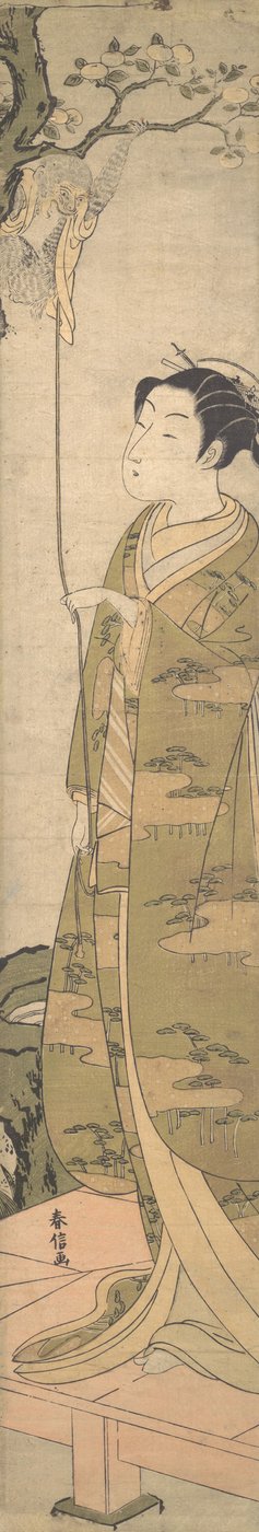 Eine Frau spielt mit einem Affen, der auf einen Baum geklettert ist von Suzuki Harunobu