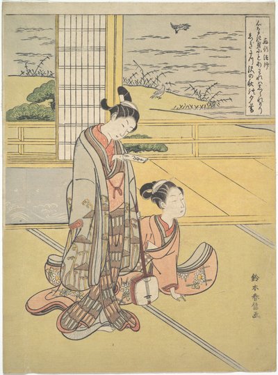 Ein junger Mann und eine Frau mit einem Shamisen; Mönch Saigyō, aus einer Serie, die auf die drei Abendgedichte anspielt von Suzuki Harunobu