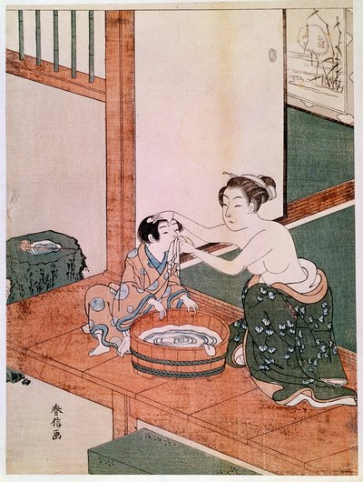 Eine nackte Mutter wäscht ihr Kind in Japan neben einem mit Wasser gefüllten Becken. Drucke von Haronobu Suzuki (1725-1770). 1766-1768. Paris, Guimet Museum, Nationalmuseum für asiatische Kunst von Suzuki Harunobu