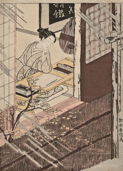 Eine Frau sitzt an einem Schreibtisch und schaut auf den Regen von Suzuki Harunobu
