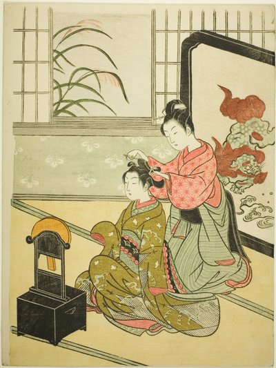 Herbstmond im Spiegel (Kyodai no shugetsu), aus der Serie "Acht Ansichten des Salons (Zashiki hakkei)" von Suzuki Harunobu