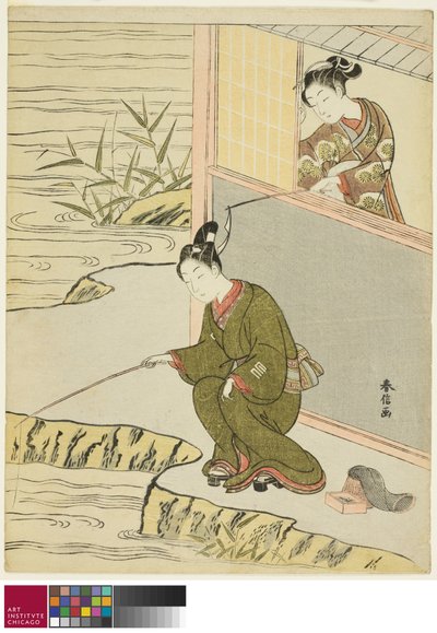 Schöne neckt einen jungen Mann beim Angeln, ca. 1768 von Suzuki Harunobu