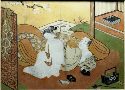 Liebespaar, das in einem Innenraum mit Paravent liegt, Kalligraphiebox Nishiki-e-Druck von Suzuki Harunobu (1725-um 1770) ca. 1765. Private Sammlung von Suzuki Harunobu