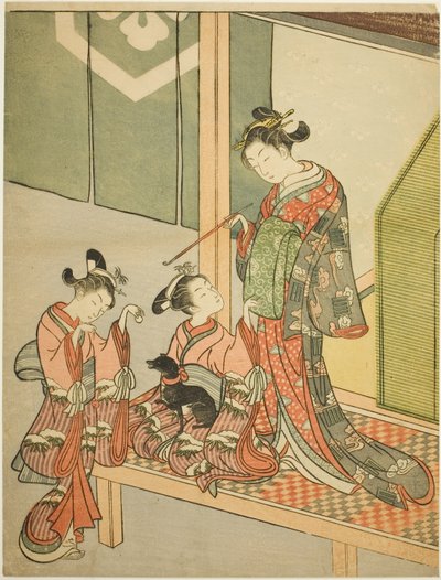 Kurtisane und zwei Begleiterinnen spielen mit einem Hund von Suzuki Harunobu