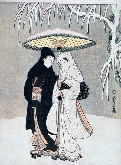 Krähe und Reiher oder junge Liebende, die zusammen unter einem Regenschirm im Schneesturm spazieren, ca. 1769 von Suzuki Harunobu