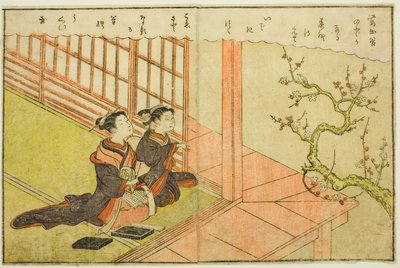 Doppelseitige Illustration aus Bd. 1 von "Bilderbuch der Frühlingsbrokate (Ehon haru no nishiki)" von Suzuki Harunobu