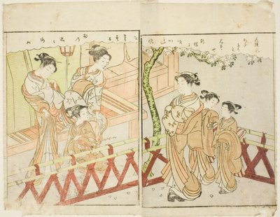 Doppelseitige Illustration aus Bd. 2 von "Bilderbuch der Frühlingsbrokate (Ehon haru no nishiki)" von Suzuki Harunobu