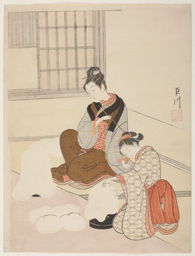 Abendschnee auf einem Flossformer (Nurioke no bosetsu), aus der Serie "Acht Ansichten des Salons (Zashiki hakkei)" von Suzuki Harunobu