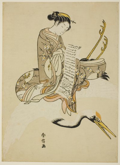 Mädchen reitet auf einem Kranich (Parodie auf Hi Chobo [Chinesisch: Fei Zhangfang]) von Suzuki Harunobu