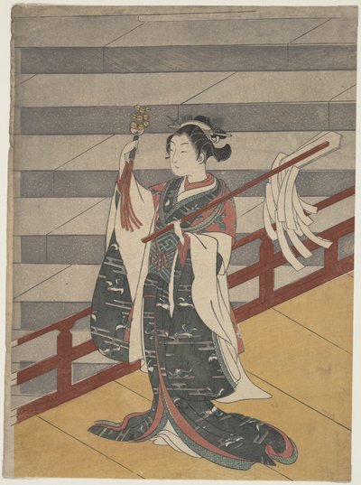 Mädchen auf Balkon über Steintreppe von Suzuki Harunobu