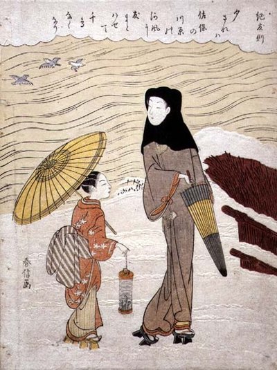 Dame und Magd spazieren am Fluss, ca. 1767 von Suzuki Harunobu