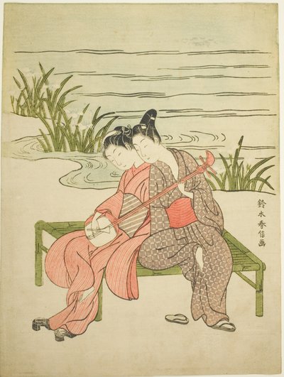 Liebende spielen die gleiche Shamisen (Parodie auf Xuanzong und Yang Guifei) von Suzuki Harunobu