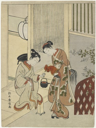 Liebende, die einen Hahn mit Sake versorgen, um 1767 von Suzuki Harunobu
