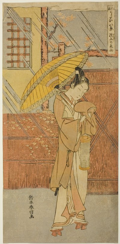Nachtregen von Genjo (Genjo no yau), aus der Serie "Parodien von acht Szenen aus Noh-Gesängen (Furyu utai hakkei)" von Suzuki Harunobu