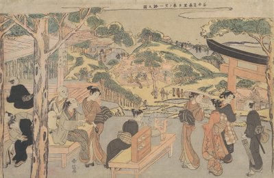 Osen vom Kagiya-Teesalon am Kasamori-Schrein mit Blick auf Nippori in Yanaka von Suzuki Harunobu