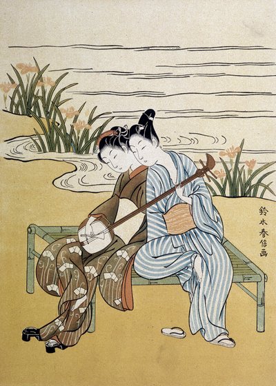 Das Shamisen: Paar spielt Shamisen (oder Samisen: Langhalslaute mit drei Saiten) - von Harunobou, in „Japan artistique“, Juli 1890 von Suzuki Harunobu