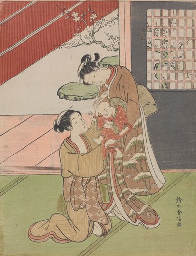 Zwei Frauen mit einem Baby und einem Brief von Suzuki Harunobu