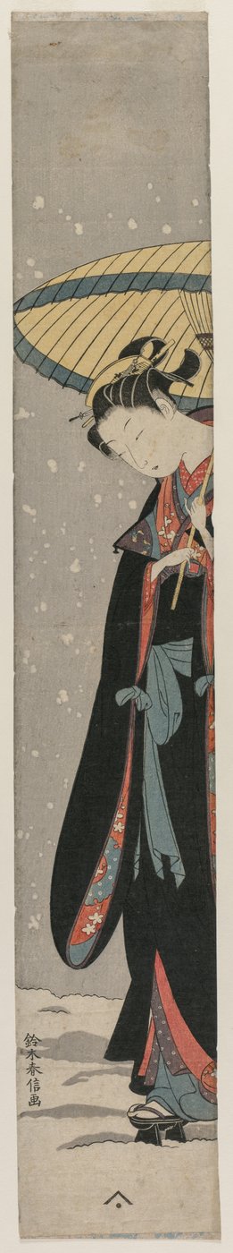 Frau Bihin mit Sonnenschirm im Schnee aus der Serie Mu Tamagawa von Suzuki Harunobu