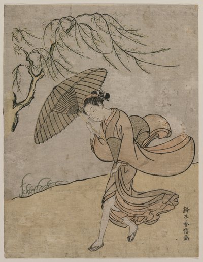 Frau läuft an einem Weidenbaum im Wind vorbei von Suzuki Harunobu