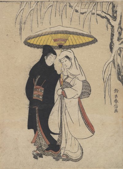 Junge Liebende gehen zusammen unter einem Regenschirm im Schneesturm von Suzuki Harunobu