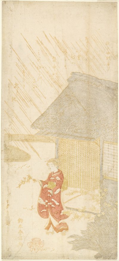 Junge Frau mit einem Kerria-Zweig von Suzuki Harunobu