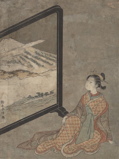 Junge Frau mit Pfeife in der Hand, die auf eine Landschaft auf einem Bildschirm schaut von Suzuki Harunobu