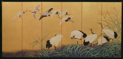 Sechsteilige Paravent, der Schilf und Kraniche darstellt, Edo-Periode, japanisch, 19. Jahrhundert von Suzuki Kiitsu