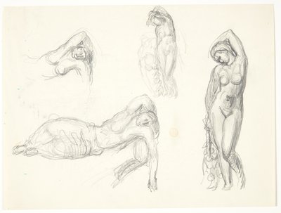 Studienblatt mit vier Entwürfen für die Figuren "Eva" und "Schlafendes Mädchen" von Svend Rathsack