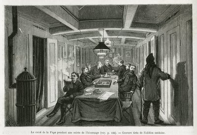 Der Platz von La Vega, während eines Winterabends, und die Aktivitäten der Besatzung: Lesen, Schach- und Backgammonspiele sowie Likörverkostung. Gravur aus der schwedischen Ausgabe, um die Geschichte "Reise der Vega um Asien und Europa" von Adolf Erik Nord von Swedish School