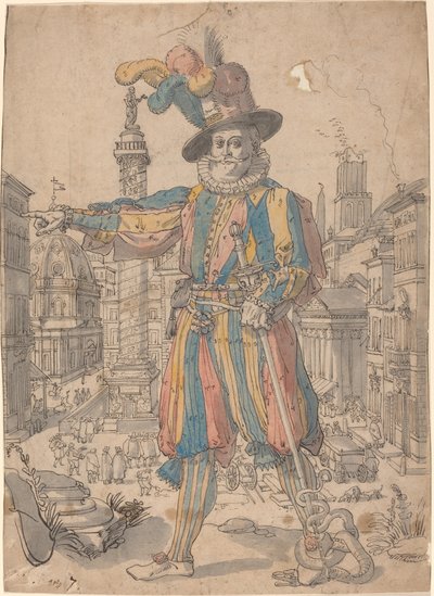 Giovanni Grosso von der Schweizergarde vor einer Ansicht von Rom von Swiss 17th Century after Francesco Villamena