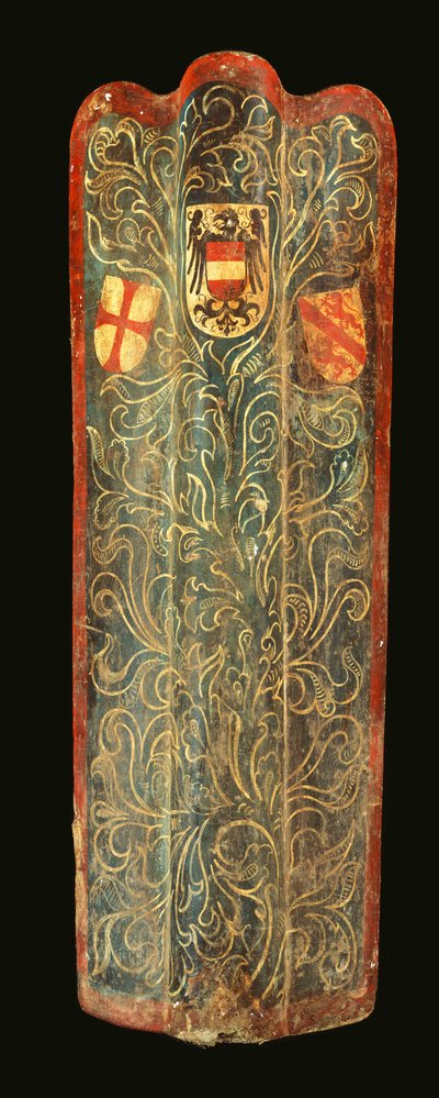 Ein seltener Schweizer Pavese aus Holz, bedeckt mit Gesso bemalter Leinwand mit grünem Rankenmuster und den Wappenschildern von Habsburg, der Liga von St. Georg und der Stadt Winterthur, ca. 1445 von Swiss School