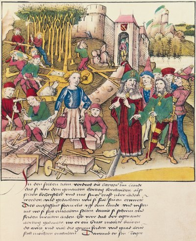 Gründung der Stadt Bern im Jahr 1191, Miniatur aus der Spiezer Bilderchronik, Schweiz von Swiss School
