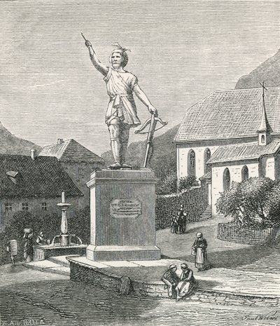 Statue von Tell in Altdorf, nahe dem Ort, wo er den Apfel vom Kopf seines Sohnes geschossen haben soll von Swiss School