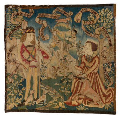 Wandteppichpanel, das die Jagd auf das Einhorn darstellt, hergestellt in der Schweiz oder im Oberrhein von Swiss School