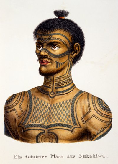 Tätowierter Mann aus Nukahiwa, aus Ethnologische Studie verschiedener Rassentypen von verschiedenen Kontinenten, von C.I. Brodtmann, veröffentlicht 1824 von Swiss School