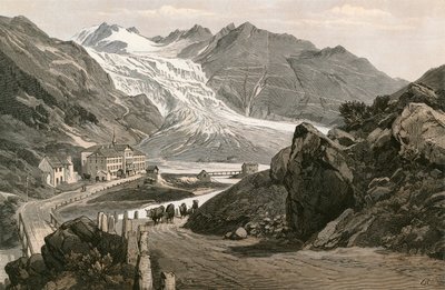 Der untere Teil des Rhonegletschers und die Straße zum Furka von Swiss School