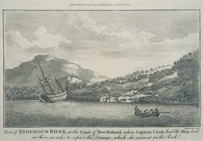 Kapitän Cook, nach einem Schiffbruch auf seiner Weltreise, lässt die Endeavour in einem Hafen auf einer der Hope-Inseln reparieren, ca. 1786 (Gravur) von Sydney (after) Parkinson