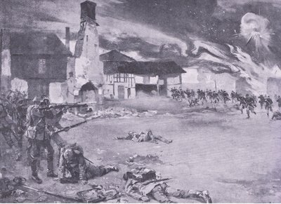 Straßenkämpfe an der deutsch-französischen Grenze: Ein französischer Angriff auf die preußische Garde, aus History of the Great War Vol 3, veröffentlicht von Waverley Book Co Limited, ca. 1920 von Sydney Adamson