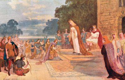 König Edgar mit Königin Elfrida empfängt die Huldigung von acht tributpflichtigen Fürsten in Chester, 973 n. Chr. von Sydney Herbert