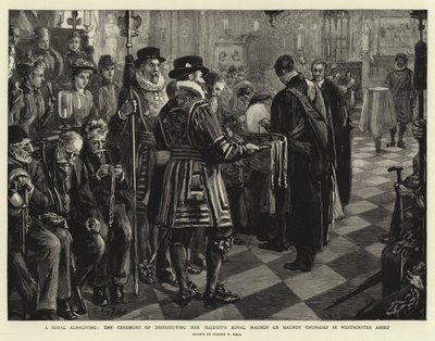 Eine königliche Almosenverteilung, die Zeremonie der Verteilung der königlichen Almosen Ihrer Majestät am Gründonnerstag in der Westminster Abbey von Sydney Prior Hall