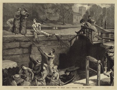 Oxford illustriert, ein Picknick nach Nuneham, in der Iffley-Schleuse, das Unternehmen abschließend von Sydney Prior Hall