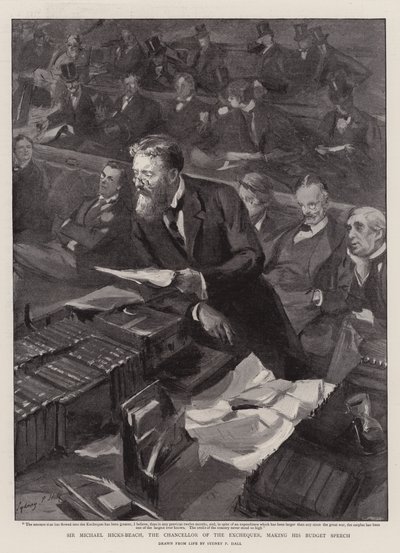Sir Michael Hicks-Beach, der Schatzkanzler, hält seine Haushaltsrede von Sydney Prior Hall