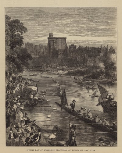 Feiertag in Eton, die Prozession der Achter auf dem Fluss von Sydney Prior Hall