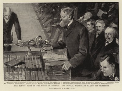 Die Budgetnacht im Unterhaus, Sir Michael Hicks-Beach hält seine Rede von Sydney Prior Hall