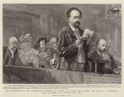 Die Konferenz des Journalisteninstituts in London, M Emile Zola liest sein Papier über L