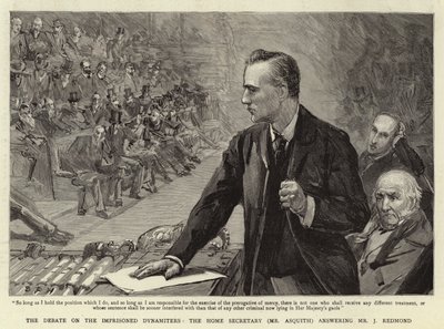 Die Debatte über die inhaftierten Dynamiter, der Innenminister (Mr. Asquith) beantwortet Mr. J. Redmond von Sydney Prior Hall