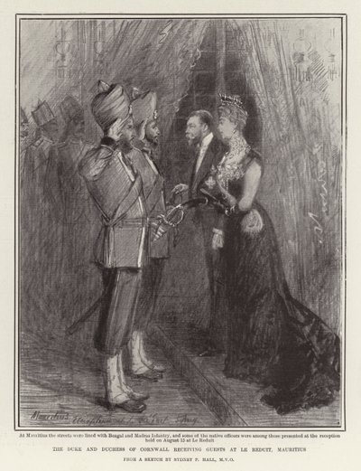 Der Herzog und die Herzogin von Cornwall empfangen Gäste in Le Reduit, Mauritius von Sydney Prior Hall