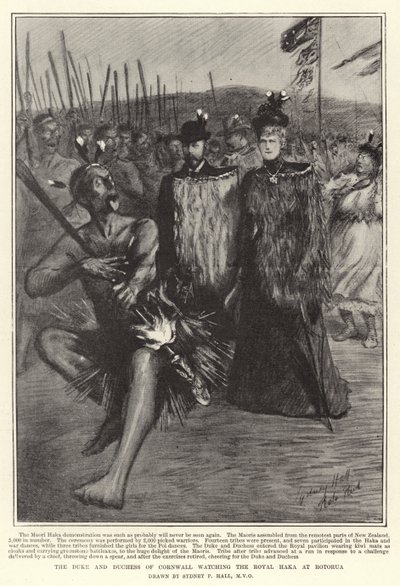 Der Herzog und die Herzogin von Cornwall beobachten den königlichen Haka in Rotorua von Sydney Prior Hall