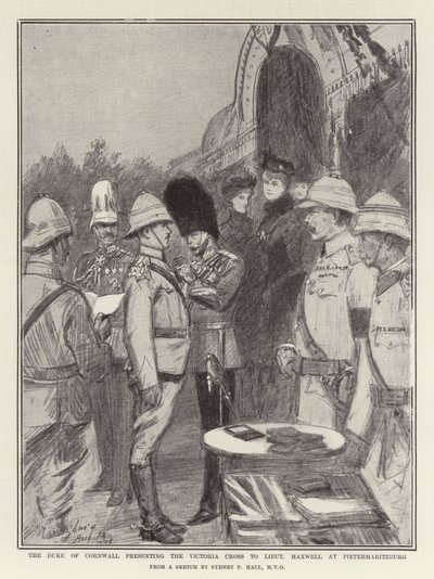 Der Herzog von Cornwall überreicht das Victoria-Kreuz an Leutnant Maxwell in Pietermaritzburg von Sydney Prior Hall